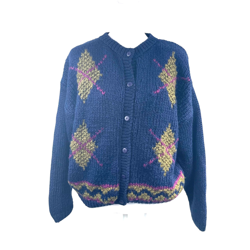 VTG Jamie Scott Handknit Cardigan Sweater Sz M Argyle Chunky Granny Academia